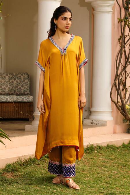 Bhawna Sethi Yellow Pure Satin Georgette Embroidered Zardozi V Honey Hem Kaftan With Pant Online at Aza Fashions Bhawna Sethi_Yellow Pure Satin Georgette Embroidered Zardozi V Honey Hem Kaftan With Pant _Online_at_Aza_Fashions