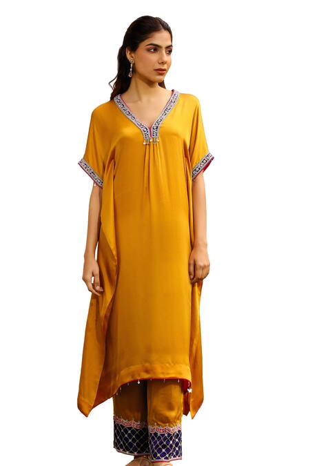 Buy Bhawna Sethi Yellow Pure Satin Georgette Embroidered Zardozi V Honey Hem Kaftan With Pant Online at Aza Fashions Buy_Bhawna Sethi_Yellow Pure Satin Georgette Embroidered Zardozi V Honey Hem Kaftan With Pant _Online_at_Aza_Fashions