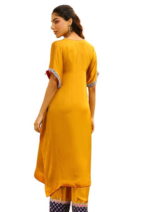 Bhawna Sethi Yellow Pure Satin Georgette Embroidered Zardozi V Honey Hem Kaftan With Pant at Aza Fashions Bhawna Sethi_Yellow Pure Satin Georgette Embroidered Zardozi V Honey Hem Kaftan With Pant _at_Aza_Fashions