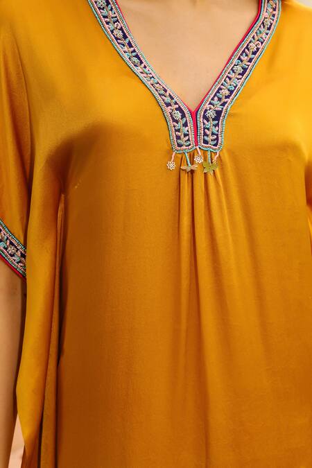 Shop Bhawna Sethi Yellow Pure Satin Georgette Embroidered Zardozi V Honey Hem Kaftan With Pant Shop_Bhawna Sethi_Yellow Pure Satin Georgette Embroidered Zardozi V Honey Hem Kaftan With Pant