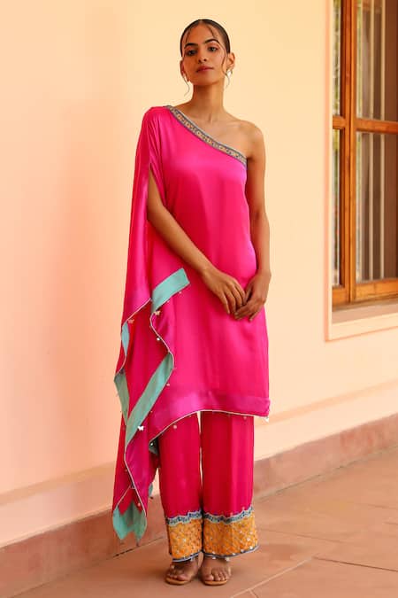 Bhawna Sethi_Pink Satin, Georgette Beads, Zari Asymmetric Bubblegum Sleeve Kaftan With Pant _Online_at_Aza_Fashions