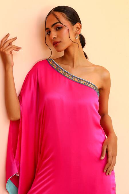 Shop_Bhawna Sethi_Pink Satin, Georgette Beads, Zari Asymmetric Bubblegum Sleeve Kaftan With Pant _Online_at_Aza_Fashions