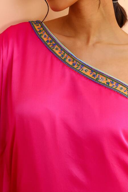 Bhawna Sethi_Pink Satin, Georgette Beads, Zari Asymmetric Bubblegum Sleeve Kaftan With Pant _at_Aza_Fashions