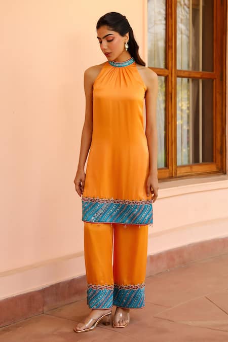 Bhawna Sethi Orange Satin, Georgette, Ramie, Crepe Beads, Tangerine Hem Kurta With Pant Online at Aza Fashions Bhawna Sethi_Orange Satin, Georgette, Ramie, Crepe Beads, Tangerine Hem Kurta With Pant _Online_at_Aza_Fashions