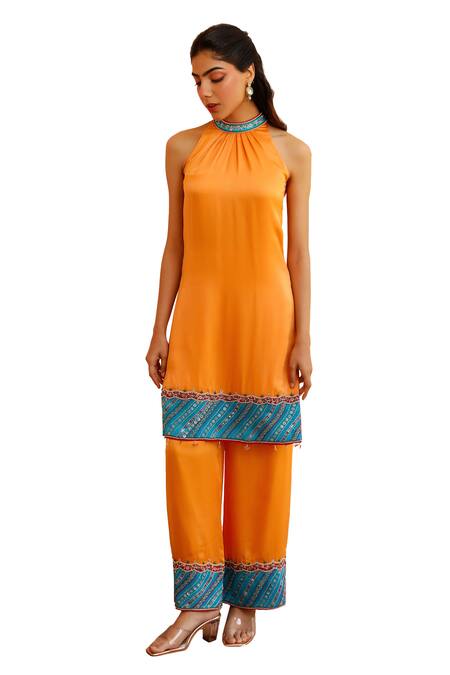 Buy Bhawna Sethi Orange Satin, Georgette, Ramie, Crepe Beads, Tangerine Hem Kurta With Pant Online at Aza Fashions Buy_Bhawna Sethi_Orange Satin, Georgette, Ramie, Crepe Beads, Tangerine Hem Kurta With Pant _Online_at_Aza_Fashions