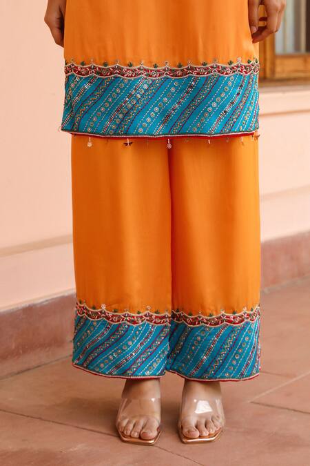 Bhawna Sethi Orange Satin, Georgette, Ramie, Crepe Beads, Tangerine Hem Kurta With Pant at Aza Fashions Bhawna Sethi_Orange Satin, Georgette, Ramie, Crepe Beads, Tangerine Hem Kurta With Pant _at_Aza_Fashions