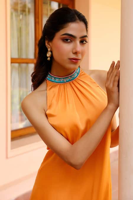 Buy Bhawna Sethi Orange Satin, Georgette, Ramie, Crepe Beads, Tangerine Hem Kurta With Pant Buy_Bhawna Sethi_Orange Satin, Georgette, Ramie, Crepe Beads, Tangerine Hem Kurta With Pant