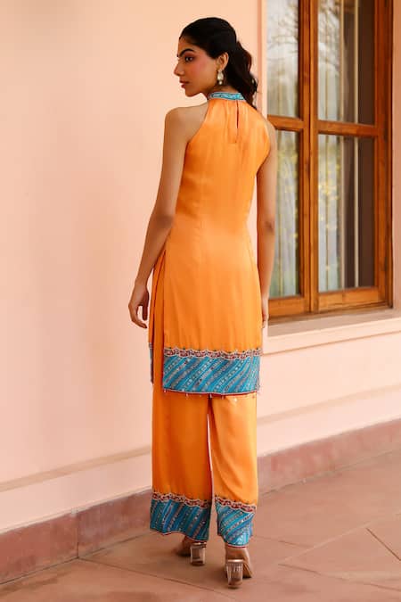 Shop Bhawna Sethi Orange Satin, Georgette, Ramie, Crepe Beads, Tangerine Hem Kurta With Pant at Aza Fashions Shop_Bhawna Sethi_Orange Satin, Georgette, Ramie, Crepe Beads, Tangerine Hem Kurta With Pant _at_Aza_Fashions