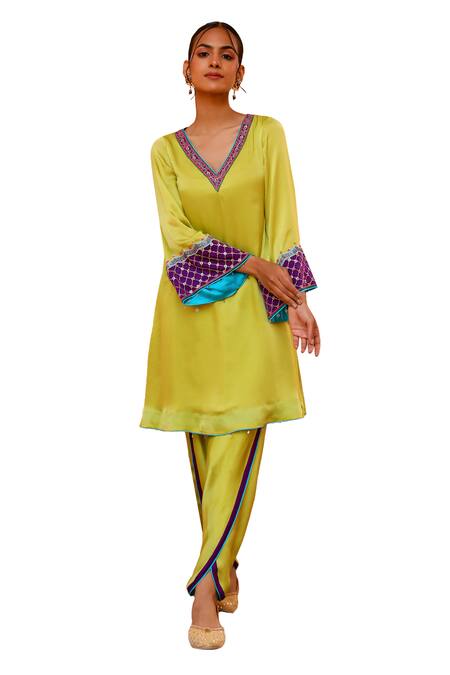 Bhawna Sethi_Green Satin, Georgette, Crepe Embroidery, Lime Hand Kurta With Tulip Pant _Online_at_Aza_Fashions