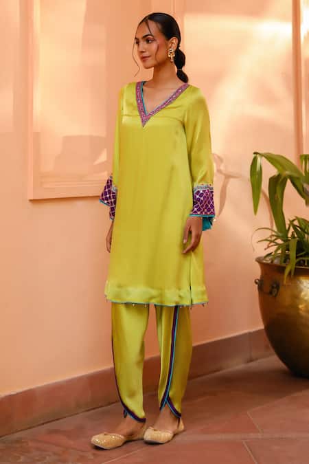 Buy_Bhawna Sethi_Green Satin, Georgette, Crepe Embroidery, Lime Hand Kurta With Tulip Pant _Online_at_Aza_Fashions