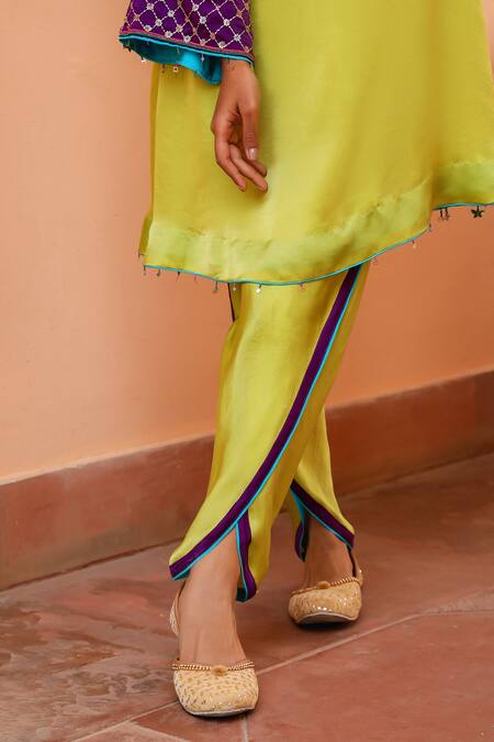 Bhawna Sethi_Green Satin, Georgette, Crepe Embroidery, Lime Hand Kurta With Tulip Pant _at_Aza_Fashions