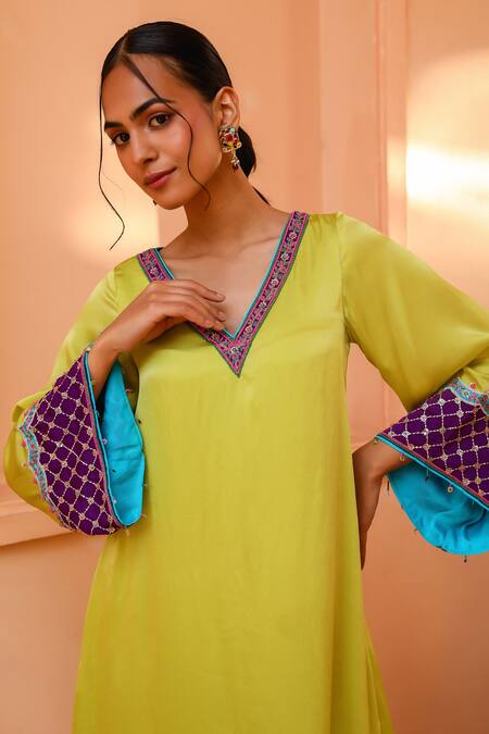 Buy_Bhawna Sethi_Green Satin, Georgette, Crepe Embroidery, Lime Hand Kurta With Tulip Pant 