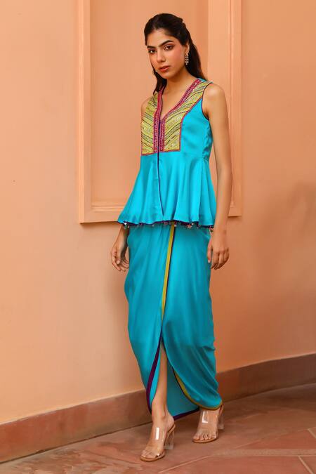 Buy Bhawna Sethi Blue Pure Satin Georgette Embroidered Zari Azure Short Kurta With Drape Skirt Online at Aza Fashions Buy_Bhawna Sethi_Blue Pure Satin Georgette Embroidered Zari Azure Short Kurta With Drape Skirt _Online_at_Aza_Fashions