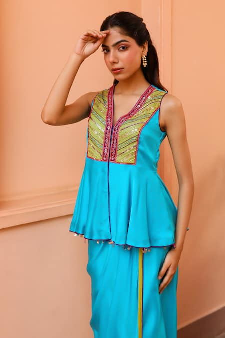 Buy Bhawna Sethi Blue Pure Satin Georgette Embroidered Zari Azure Short Kurta With Drape Skirt Buy_Bhawna Sethi_Blue Pure Satin Georgette Embroidered Zari Azure Short Kurta With Drape Skirt