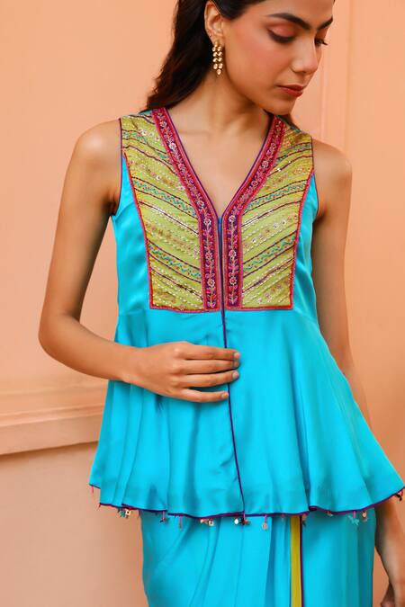 Shop Bhawna Sethi Blue Pure Satin Georgette Embroidered Zari Azure Short Kurta With Drape Skirt Shop_Bhawna Sethi_Blue Pure Satin Georgette Embroidered Zari Azure Short Kurta With Drape Skirt