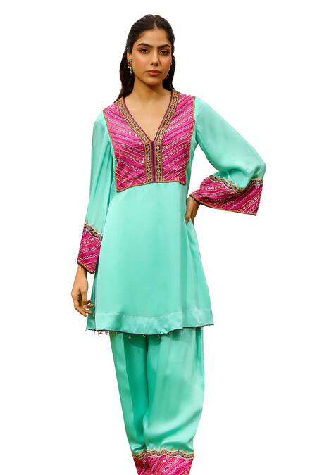 Bhawna Sethi Green Satin, Georgette, Crepe Beads, Tiffany Embroidered Yoke Kurta With Salwar Online at Aza Fashions Bhawna Sethi_Green Satin, Georgette, Crepe Beads, Tiffany Embroidered Yoke Kurta With Salwar _Online_at_Aza_Fashions
