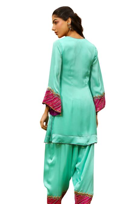 Shop Bhawna Sethi Green Satin, Georgette, Crepe Beads, Tiffany Embroidered Yoke Kurta With Salwar Online at Aza Fashions Shop_Bhawna Sethi_Green Satin, Georgette, Crepe Beads, Tiffany Embroidered Yoke Kurta With Salwar _Online_at_Aza_Fashions