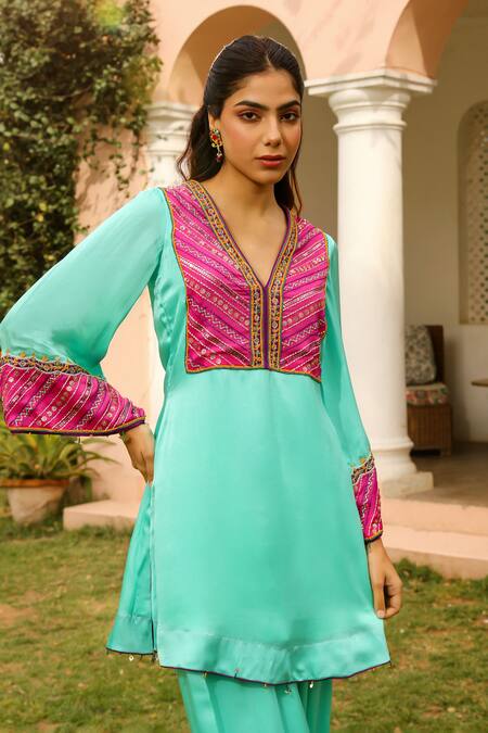 Bhawna Sethi Green Satin, Georgette, Crepe Beads, Tiffany Embroidered Yoke Kurta With Salwar at Aza Fashions Bhawna Sethi_Green Satin, Georgette, Crepe Beads, Tiffany Embroidered Yoke Kurta With Salwar _at_Aza_Fashions