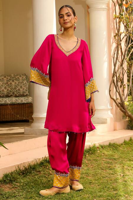 Bhawna Sethi Maroon Satin, Georgette, Crepe Zari, Beads, Sangria Kurta With Salwar Online at Aza Fashions Bhawna Sethi_Maroon Satin, Georgette, Crepe Zari, Beads, Sangria Kurta With Salwar _Online_at_Aza_Fashions