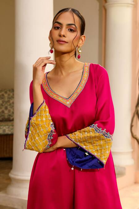 Bhawna Sethi Maroon Satin, Georgette, Crepe Zari, Beads, Sangria Kurta With Salwar at Aza Fashions Bhawna Sethi_Maroon Satin, Georgette, Crepe Zari, Beads, Sangria Kurta With Salwar _at_Aza_Fashions