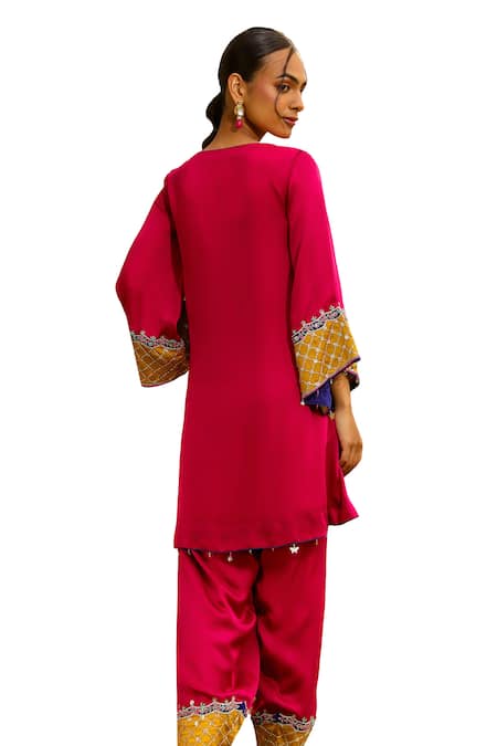 Shop_Bhawna Sethi_Maroon Satin, Organza, Georgette Embroidery, Beads, Zari Sangria Kurta Set _Online_at_Aza_Fashions