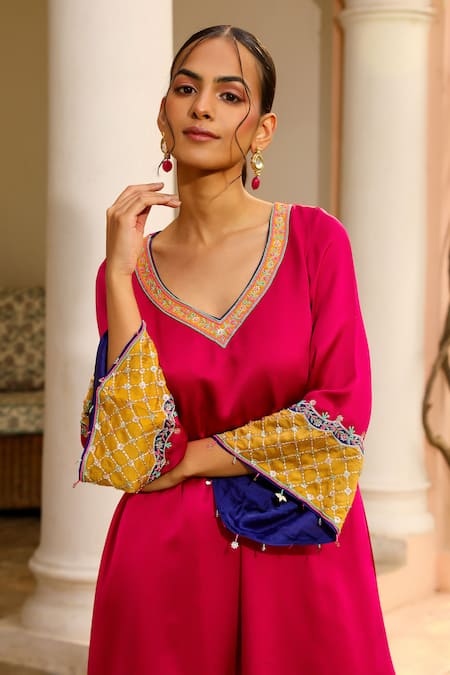 Buy_Bhawna Sethi_Maroon Satin, Organza, Georgette Embroidery, Beads, Zari Sangria Kurta Set 