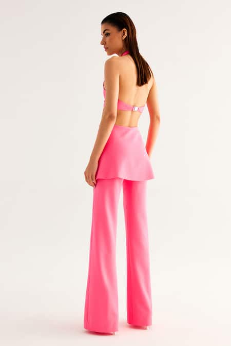 Shop_Tisharth By Shivani_Pink Polyester Halter Neck Bustier With Overlapped Pant _at_Aza_Fashions