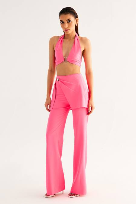 Tisharth By Shivani_Pink Polyester Solid Plunge Halter Neck Bustier _Online_at_Aza_Fashions