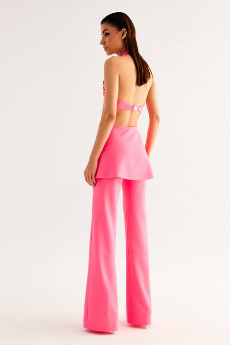 Shop_Tisharth By Shivani_Pink Polyester Solid Plunge Halter Neck Bustier _at_Aza_Fashions