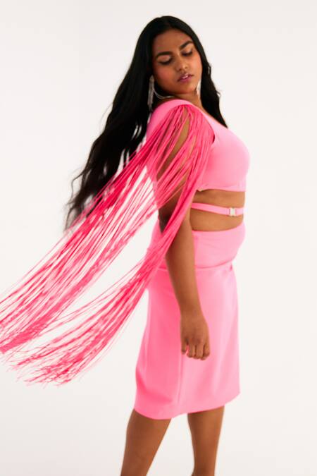 Tisharth By Shivani_Pink Polyester Fringe One Shoulder Waist Cutout Dress _Online_at_Aza_Fashions