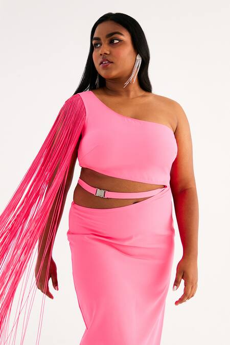 Buy_Tisharth By Shivani_Pink Polyester Fringe One Shoulder Waist Cutout Dress _Online_at_Aza_Fashions