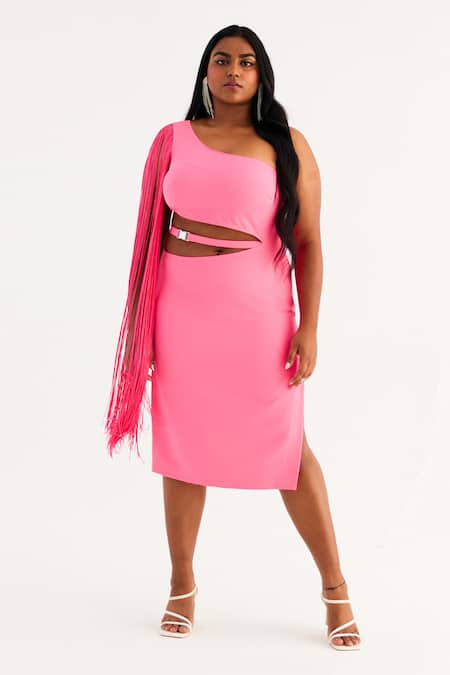 Tisharth by Shivani Pink Polyester Solid One Shoulder Waist Cutout Dress 