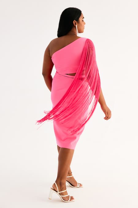 Shop_Tisharth By Shivani_Pink Polyester Fringe One Shoulder Waist Cutout Dress _at_Aza_Fashions