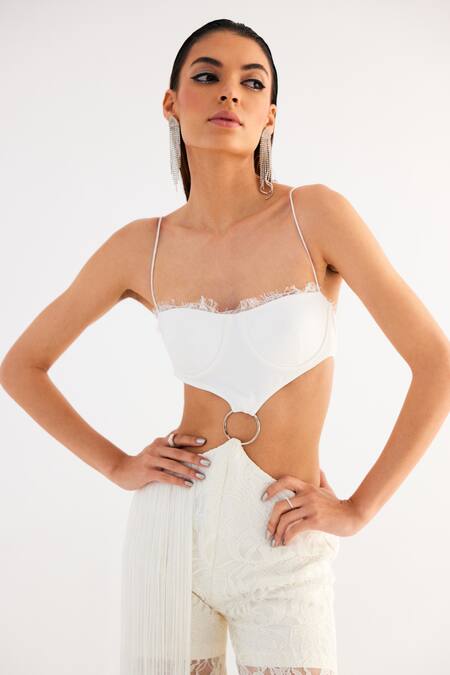 Tisharth By Shivani_White Polyester, Linen Fringe Square Neck Waist Cutout Jumpsuit _Online_at_Aza_Fashions