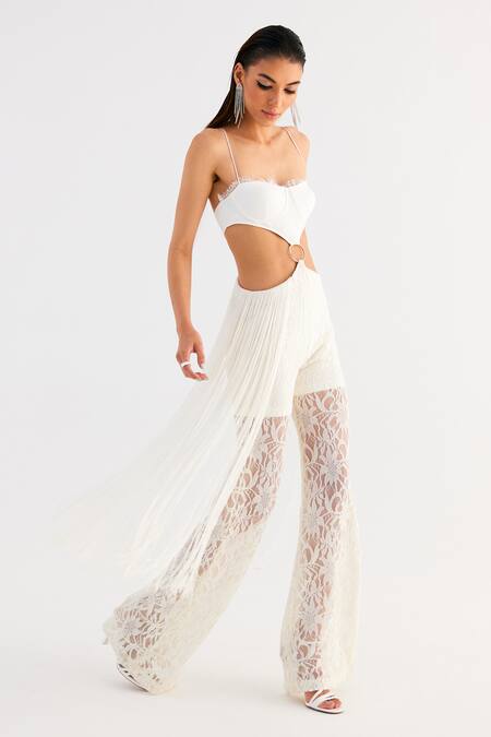 Buy_Tisharth By Shivani_White Polyester, Linen Fringe Square Neck Waist Cutout Jumpsuit _Online_at_Aza_Fashions