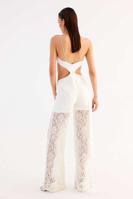 Shop_Tisharth By Shivani_White Polyester, Linen Fringe Square Neck Waist Cutout Jumpsuit _at_Aza_Fashions