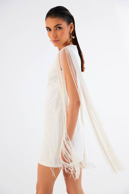 Tisharth By Shivani_White Polyester Plunge Neck Mini Fringed Shoulder Dress _Online_at_Aza_Fashions