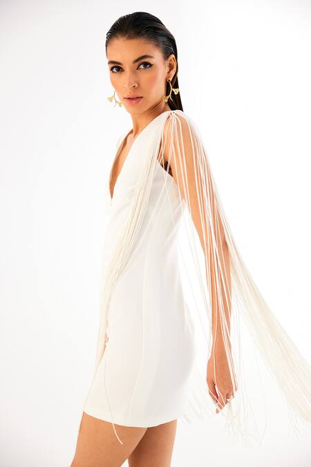 Buy_Tisharth By Shivani_White Polyester Plunge Neck Mini Fringed Shoulder Dress _Online_at_Aza_Fashions