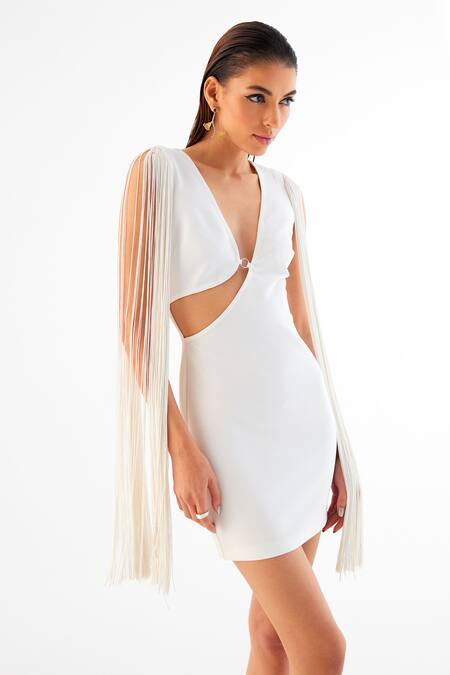 Shop_Tisharth By Shivani_White Polyester Plunge Neck Mini Fringed Shoulder Dress _Online_at_Aza_Fashions