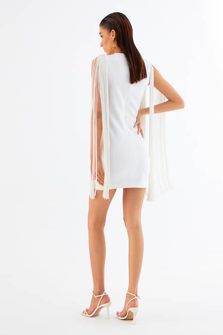 Shop_Tisharth By Shivani_White Polyester Plunge Neck Mini Fringed Shoulder Dress _at_Aza_Fashions