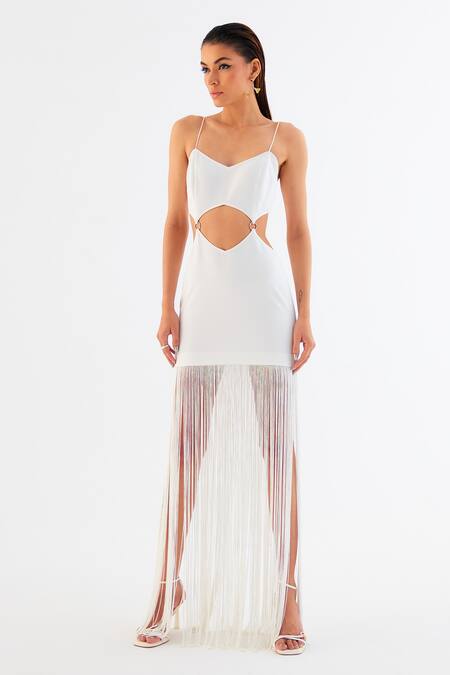 Tisharth By Shivani White Polyester Fringe Sweetheart Neck Cutout Mini Dress Online at Aza Fashions Tisharth By Shivani_White Polyester Fringe Sweetheart Neck Cutout Mini Dress _Online_at_Aza_Fashions