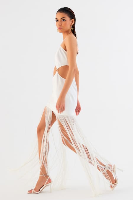 Shop Tisharth By Shivani White Polyester Fringe Sweetheart Neck Cutout Mini Dress Online at Aza Fashions Shop_Tisharth By Shivani_White Polyester Fringe Sweetheart Neck Cutout Mini Dress _Online_at_Aza_Fashions