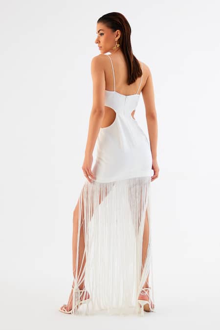 Shop Tisharth By Shivani White Polyester Fringe Sweetheart Neck Cutout Mini Dress at Aza Fashions Shop_Tisharth By Shivani_White Polyester Fringe Sweetheart Neck Cutout Mini Dress _at_Aza_Fashions