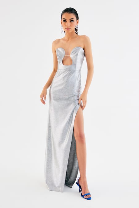 Shop_Tisharth By Shivani_Silver Polyester Sweetheart Neck Metallic Long Slit Dress _Online_at_Aza_Fashions