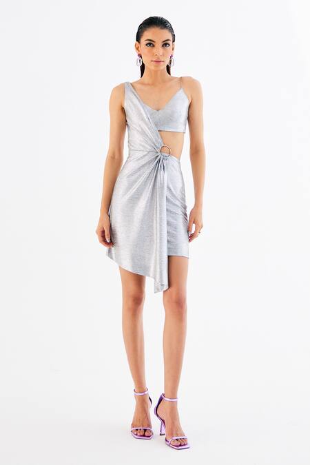 Tisharth By Shivani_Silver Polyester Plunge Neck Metallic Asymmetric Midi Dress _Online_at_Aza_Fashions