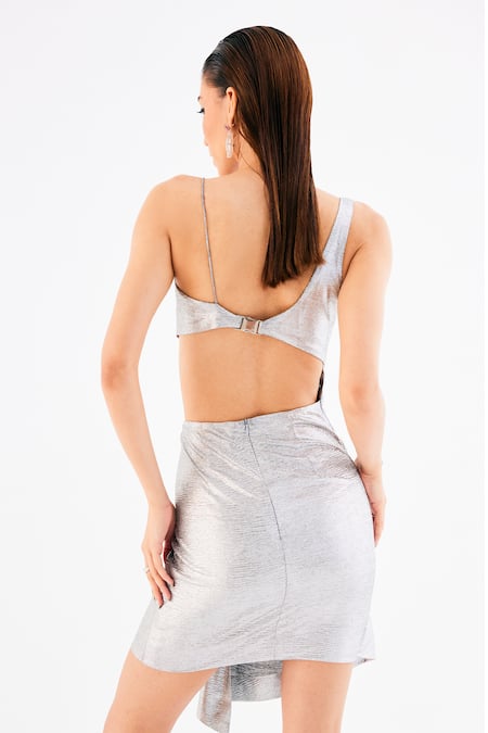 Shop_Tisharth By Shivani_Silver Polyester Plunge Neck Metallic Asymmetric Midi Dress _at_Aza_Fashions
