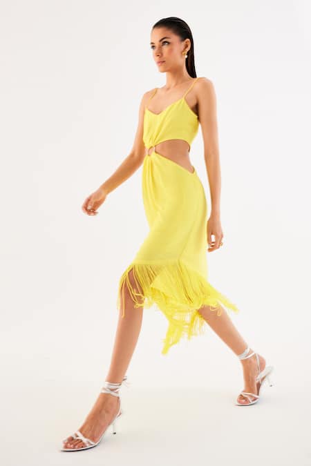 Tisharth By Shivani Yellow Polyester Fringe Plunge Neck Waist Cutout Asymmetric Dress Online at Aza Fashions Tisharth By Shivani_Yellow Polyester Fringe Plunge Neck Waist Cutout Asymmetric Dress _Online_at_Aza_Fashions