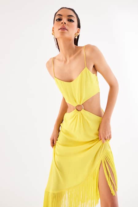 Buy Tisharth By Shivani Yellow Polyester Fringe Plunge Neck Waist Cutout Asymmetric Dress Online at Aza Fashions Buy_Tisharth By Shivani_Yellow Polyester Fringe Plunge Neck Waist Cutout Asymmetric Dress _Online_at_Aza_Fashions