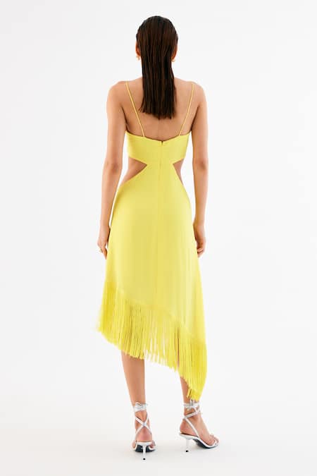 Shop Tisharth By Shivani Yellow Polyester Fringe Plunge Neck Waist Cutout Asymmetric Dress at Aza Fashions Shop_Tisharth By Shivani_Yellow Polyester Fringe Plunge Neck Waist Cutout Asymmetric Dress _at_Aza_Fashions