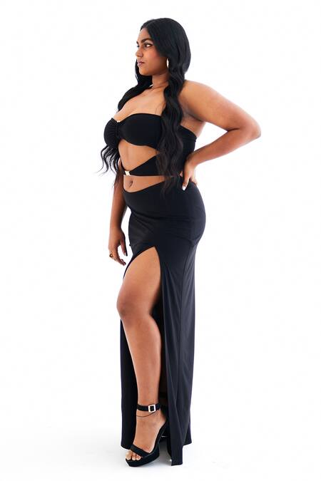 Buy_Tisharth By Shivani_Black Polyester Solid Sweetheart Cutout High Slit Dress _Online_at_Aza_Fashions